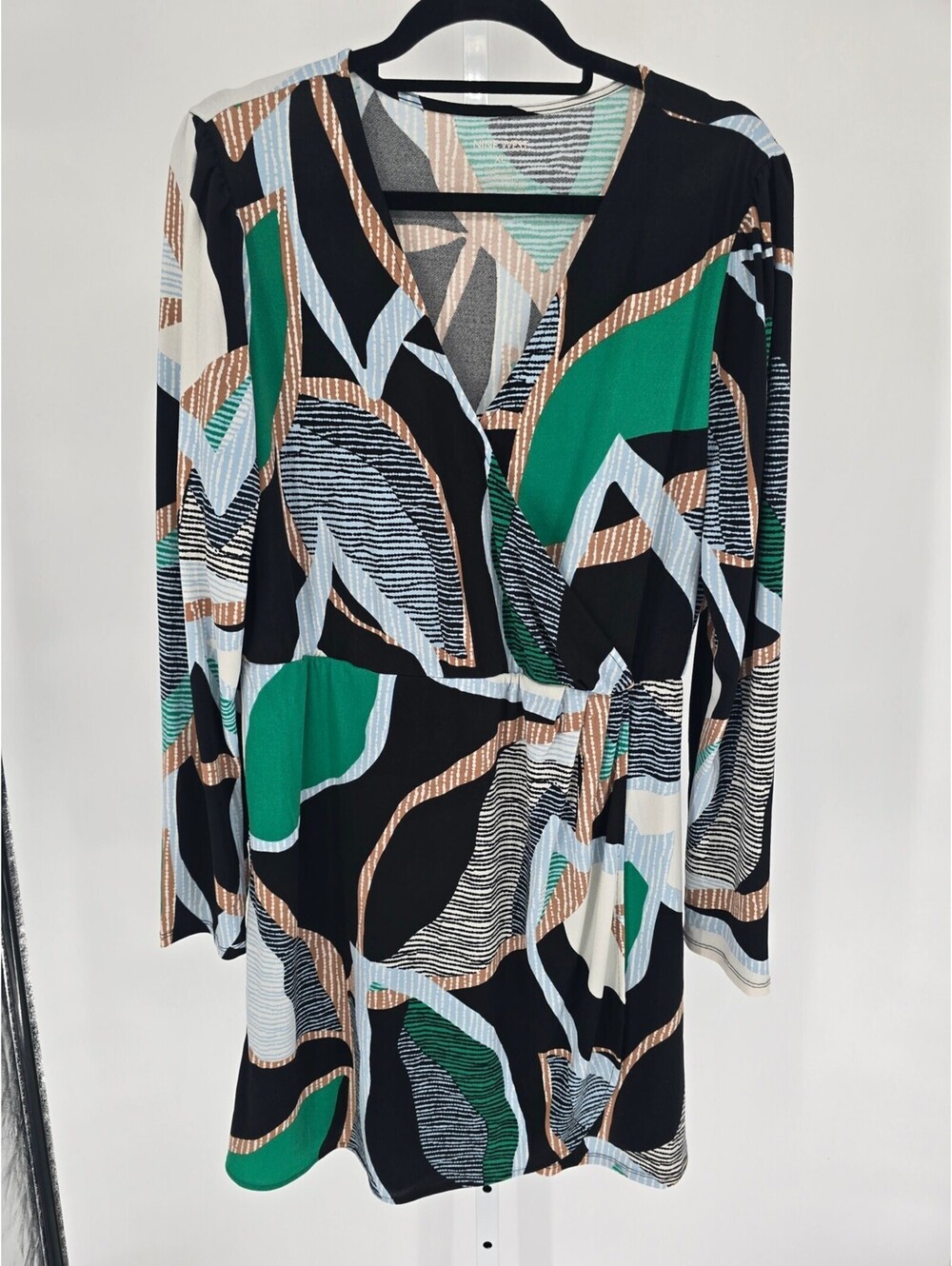 Nine west Womens Sz XL Knee Length Long Sleeve Dress Black Green Palm Leaf